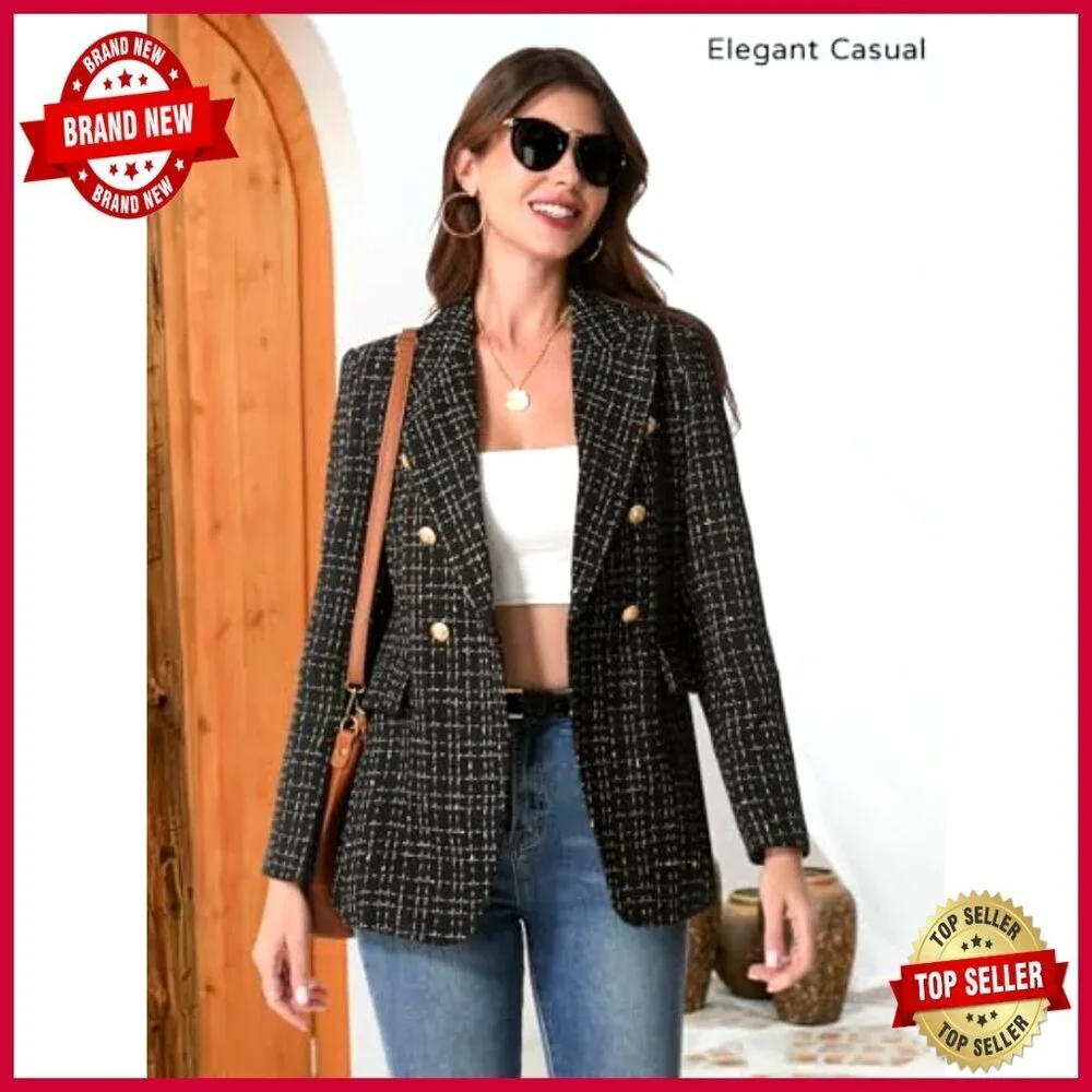 Women's Tweed Plaid Blazer Jacket Fully Lined Business Casual Coat